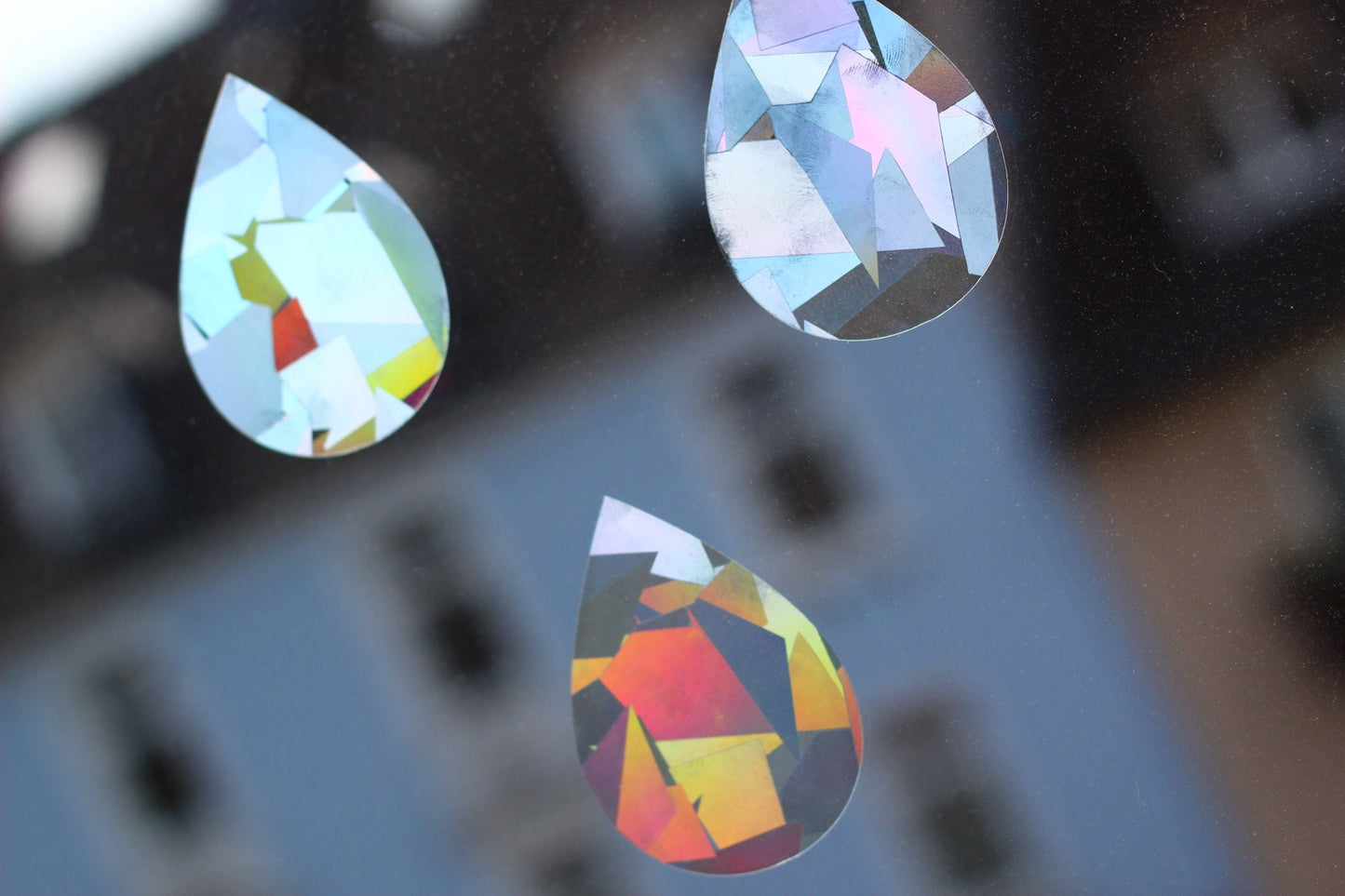 Window sticker set of drops with prismatic effect